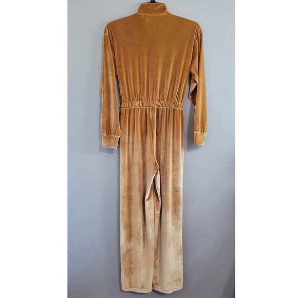 Velour Velvet Long Sleeve Zip-Up Wide Leg Onesie Jumpsuit W/ Pockets - Honey - Picture 3 of 12